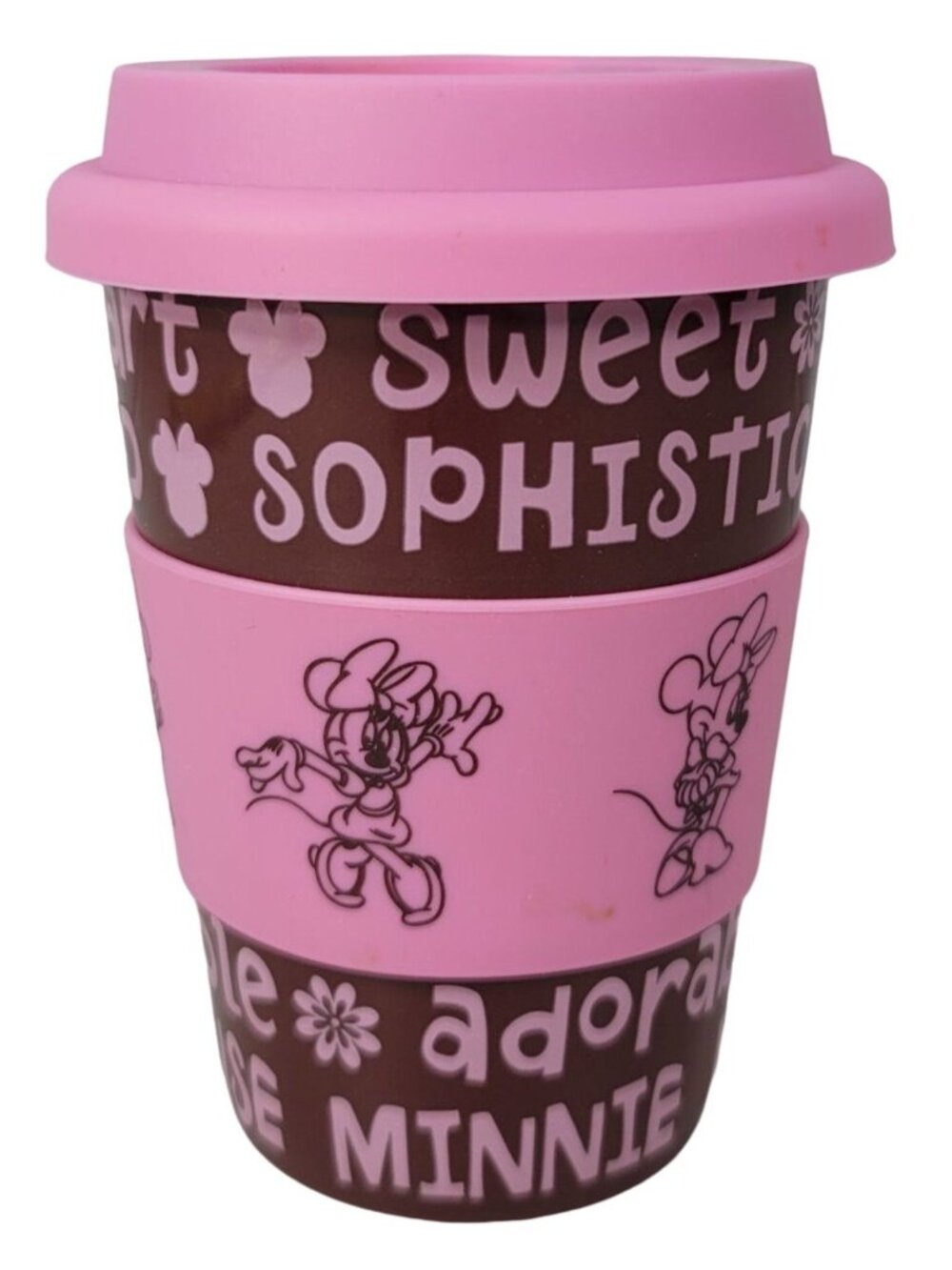 Disney Parks Minnie Mouse Travel Mug Brown Pink Lid Heat Guard Adorable Sweet
